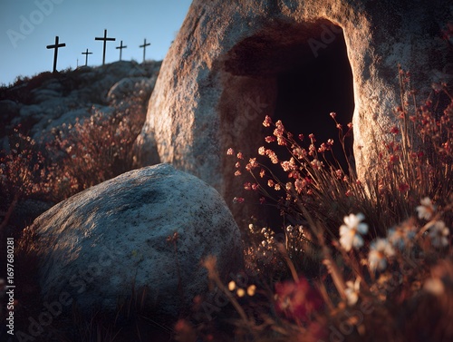 Rocky Tomb Empty with Wooden Crosses on Hilltop at Sunrise