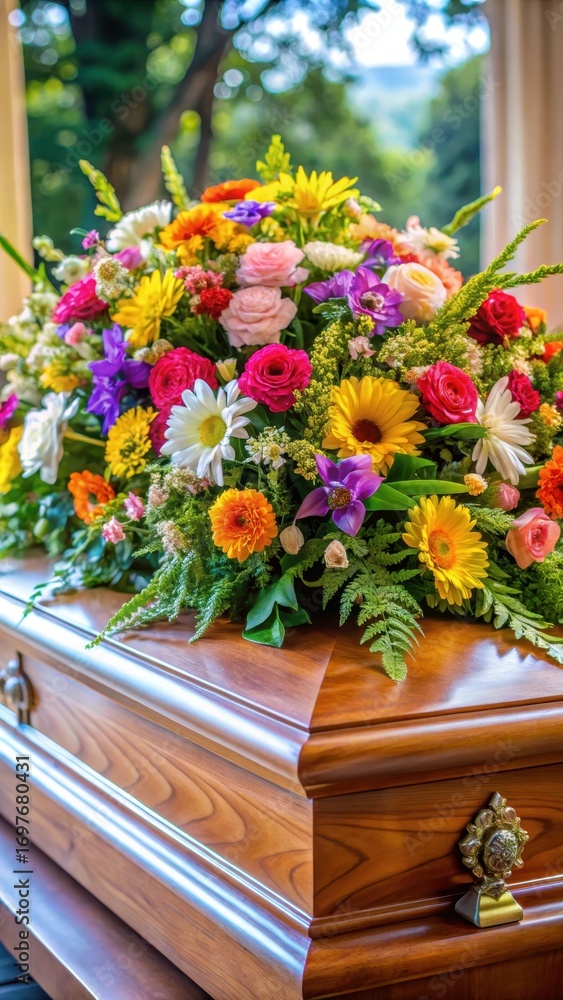 Obraz premium Elegant casket surrounded by vibrant flower bouquets in a serene funeral setting