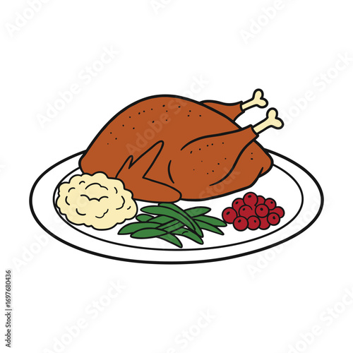Roasted turkey on plate with mashed potatoes, green beans, and cranberries – stock vector flat illustration