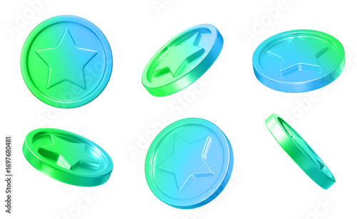 3D set neon star coins with different angles. Blue and green colors. Stock vector illustration on isolated background.