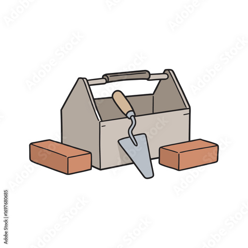 Toolbox with trowel and bricks for construction and masonry projects – stock vector flat illustration