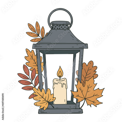 Autumn lantern with candle and maple leaves illustration – stock vector flat illustration