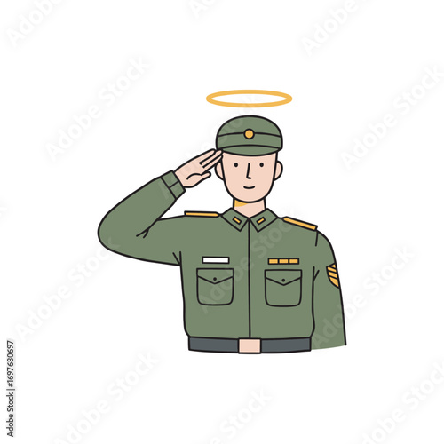 Cartoon caucasian male soldier saluting with halo in green uniform – stock vector flat illustration