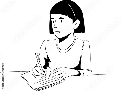 A student is sitting at a desk and taking notes. Vector illustration. Black and white illustration.