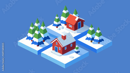 Isometric winter village with red houses, snowy trees and paths on blue background in the mountains