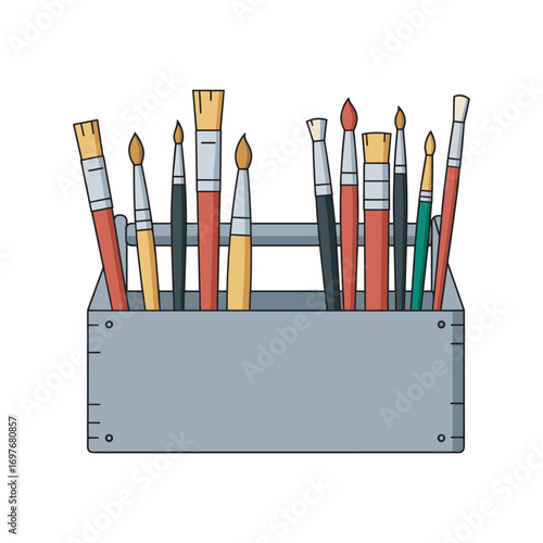 Assorted paintbrushes in a box for art and painting – stock vector flat illustration