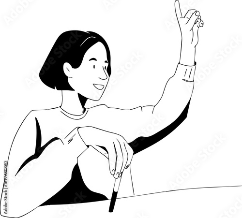 A pupil or student is sitting at a desk with her hand raised. Vector illustration. Black and white illustration.