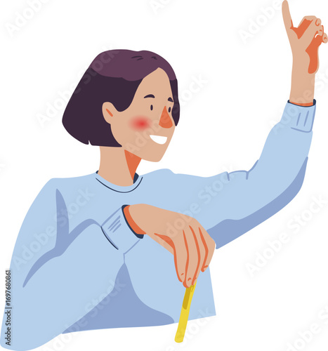 A pupil or student is sitting at a desk with her hand raised. Vector illustration. Color illustration.
