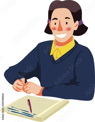 A schoolgirl is sitting at a desk. Vector illustration. Color illustration.