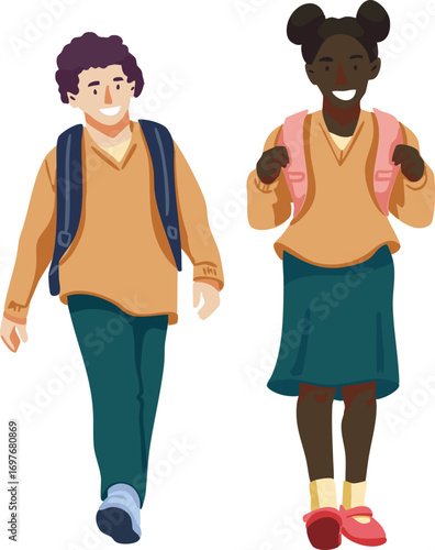 Schoolchildren are going to school. Vector illustration. Black and white illustration.