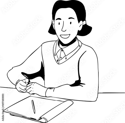 A schoolgirl is sitting at a desk. Vector illustration. Black and white illustration.