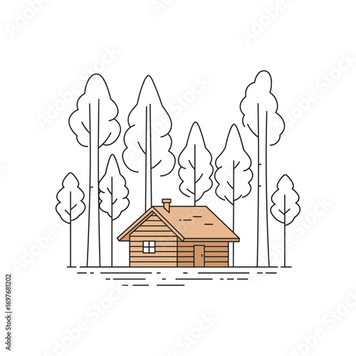 Cozy wooden cabin in forest with tall trees in minimalist line art style – stock vector flat illustration