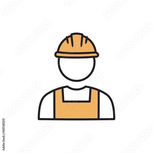 Line art icon of construction worker with hard hat and overalls – stock vector flat illustration