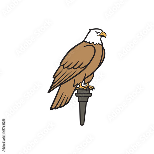 Illustration of a bald eagle perched on a wooden post – stock vector flat illustration