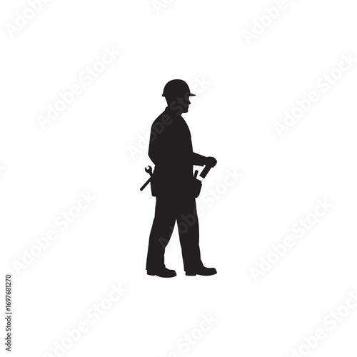 Silhouette of male construction worker with tools – stock vector flat illustration