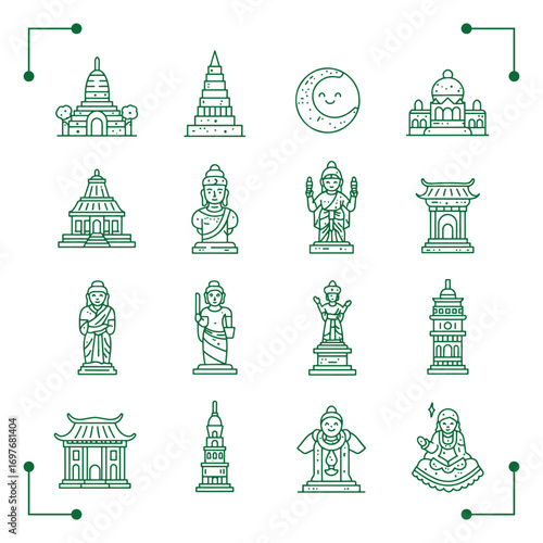 Asian religious architecture and figures.