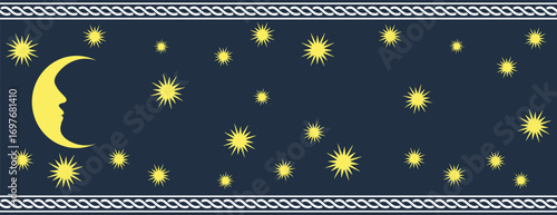 Moon and stars pattern, horizontal seamless border, vector illustration