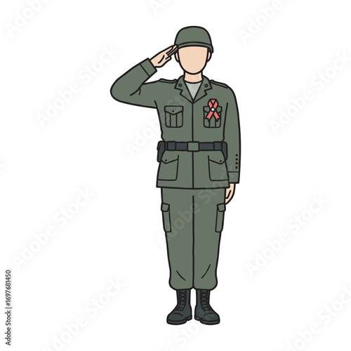 Saluting caucasian male adult soldier in uniform with medals – stock vector flat illustration