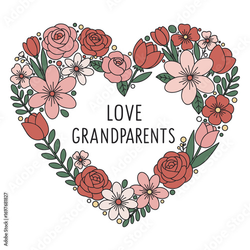 Floral heart design celebrating grandparents with love and blooming flowers – stock vector flat illustration