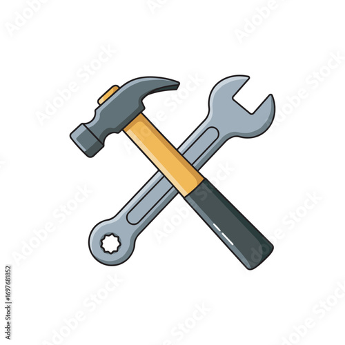 Crossed hammer and wrench illustration representing tools and maintenance – stock vector flat illustration