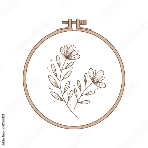 Delicate floral embroidery in wooden hoop with minimalist design – stock vector flat illustration