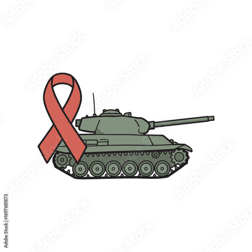 Military tank with red awareness ribbon symbolizing peace and support – stock vector flat illustration