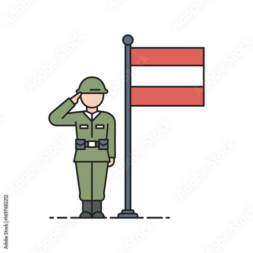Cartoon soldier saluting at austrian flagpole in uniform – stock vector flat illustration