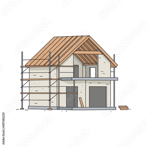 Construction of wooden house framework with scaffolding structure and roof panels – stock vector flat illustration