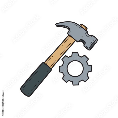Cartoon hammer and gear illustration – stock vector flat illustration