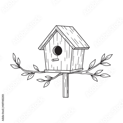 Sketch of a birdhouse on a branch with leaves in black and white – stock vector flat illustration