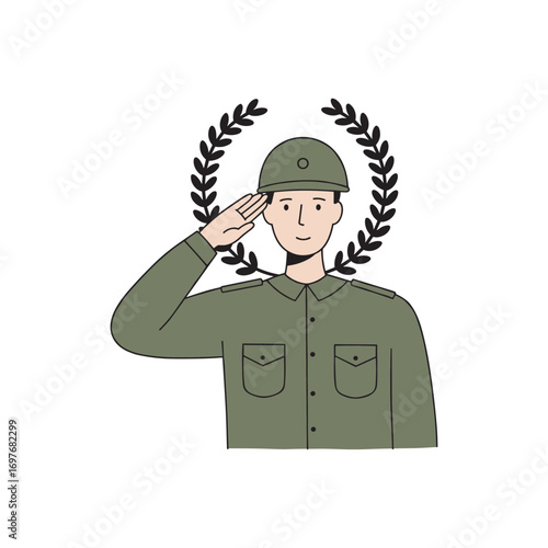 Cartoon male soldier in uniform saluting with laurel wreath – stock vector flat illustration