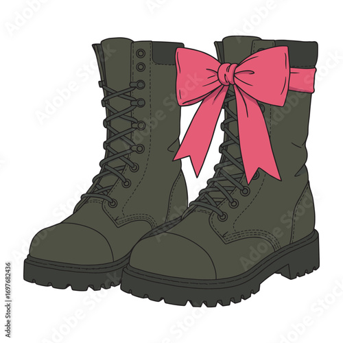 Pair of combat boots with pink bow accent – stock vector flat illustration