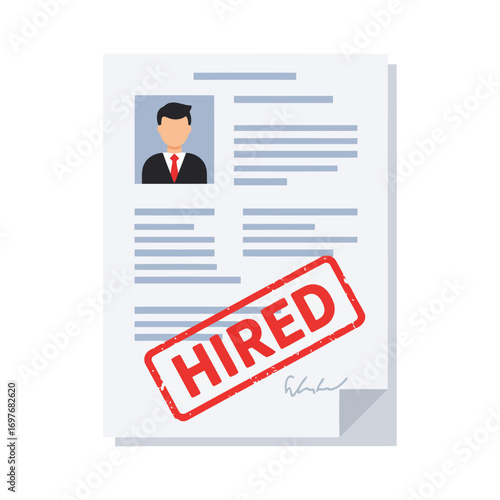 Vector art of hired stamp on a resume with a photo of a man in a suit