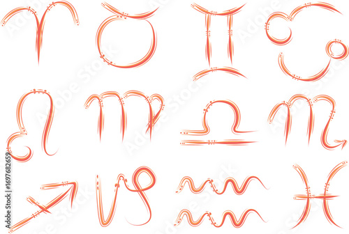 orange color abstract art ornate hand drawn zodiac signs