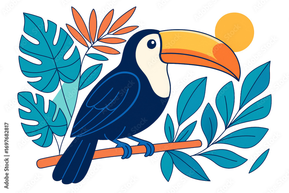 Fototapeta premium Toucan bird sitting on a branch, flat cartoon style, white background, concept of tropical wildlife and jungle nature. Ai generative
