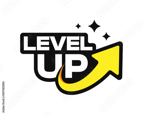Level up text modern vector logo design with yellow upward arrow isolated on white background. For Growth, Success, Motivation, Upgrade Concept Icon