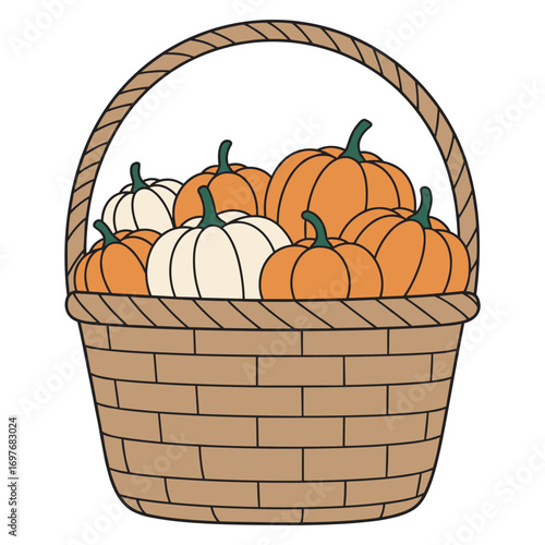 Harvest basket of pumpkins and gourds in brown wicker basket – stock vector flat illustration