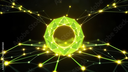 Futuristic glowing green ring with digital network background