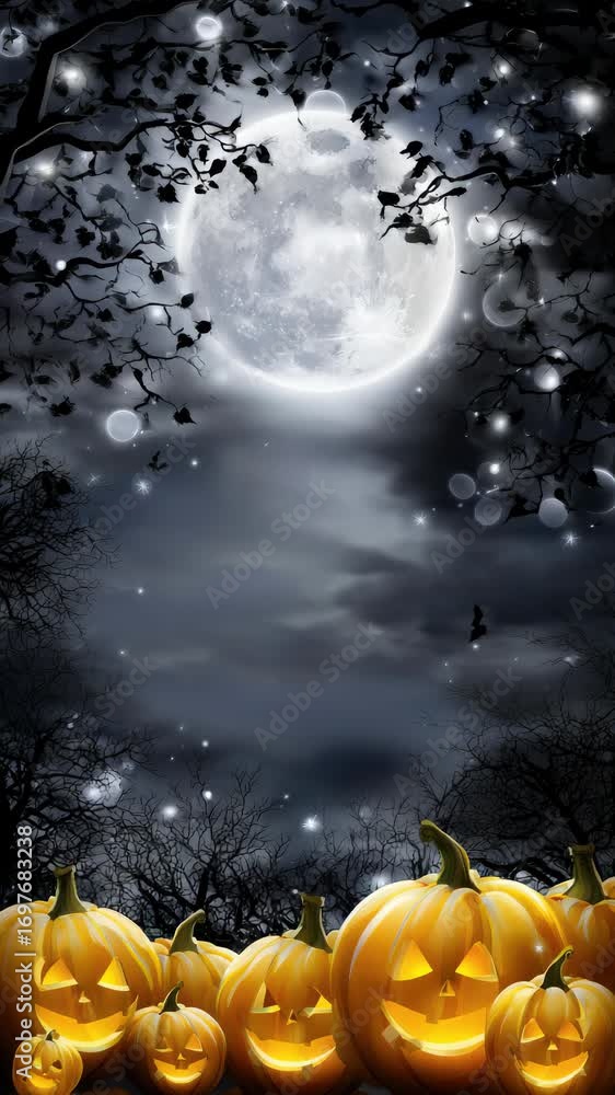 Spooky Halloween night with glowing jack o lanterns under a huge full ...