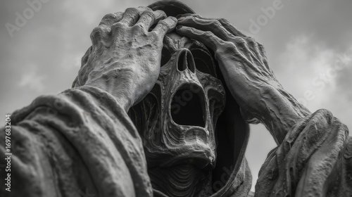 A black and white photo of a statue of a man covering his face with his hands