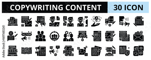30 Copywriting Content Glyph Icons Vector - Copywriter, Wordsmith, Creative Idea, Targeting, Audience, Campaign, Script
