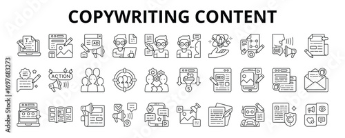 30 Copywriting Content Line Icons Vector - Copywriter, Wordsmith, Creative Idea, Targeting, Audience, Campaign, Script