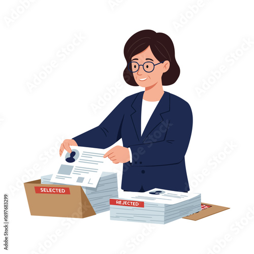 Vector art of woman in glasses sorting resumes in a box labeled selected and stacks of paper