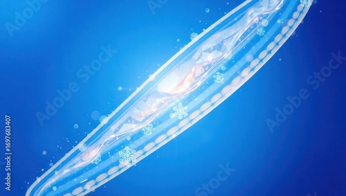 Futuristic glowing sword with digital snowflakes in blue background