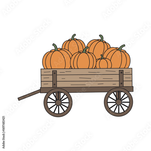 Wooden cart filled with harvested pumpkins – stock vector flat illustration