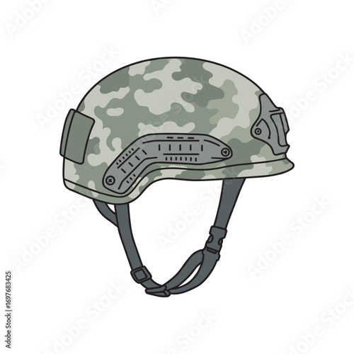 Camouflage military helmet with adjustable straps and chin guard in side view – stock vector flat illustration