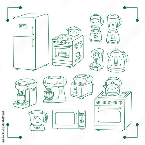 Cartoon Kitchen Appliances Line Art Illustration with Cute Faces.