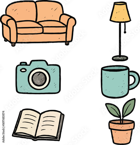 Cozy living room scene with sofa lamp camera book mug and plant creating a comfortable and inviting atmosphere for relaxation and creativity