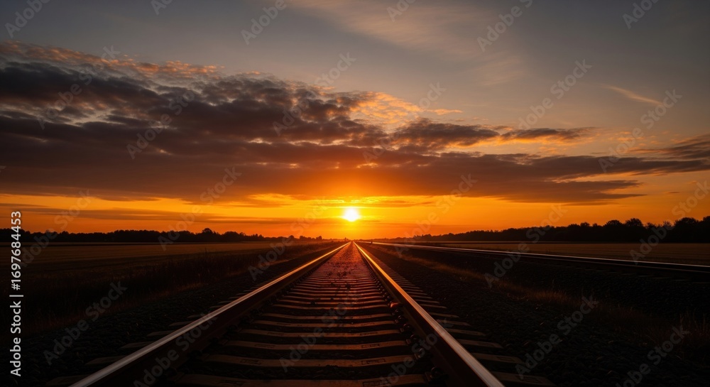 Fototapeta premium Railroad tracks stretching into a vibrant sunset
