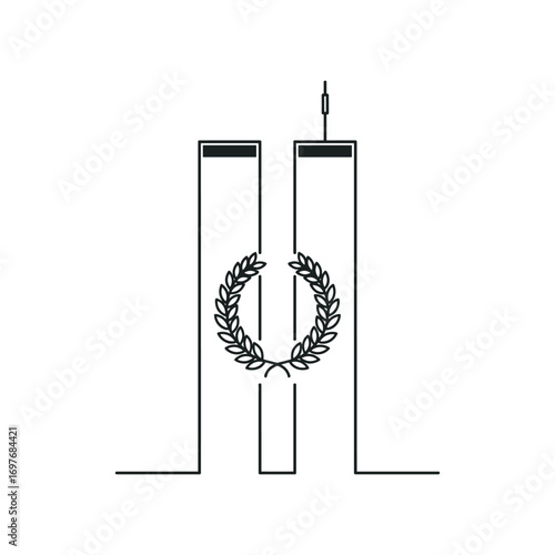 Minimalist tribute to twin towers with laurel wreath symbolizing remembrance – stock vector flat illustration